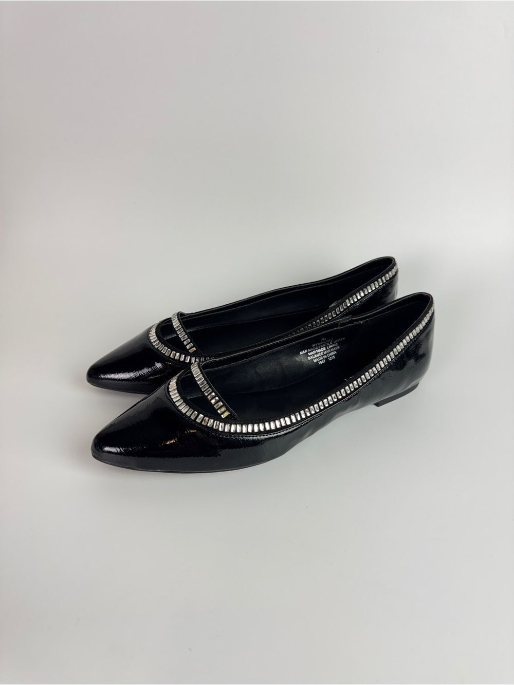 Nine West Black Patent Pointed Flats with Rhinestone Trim